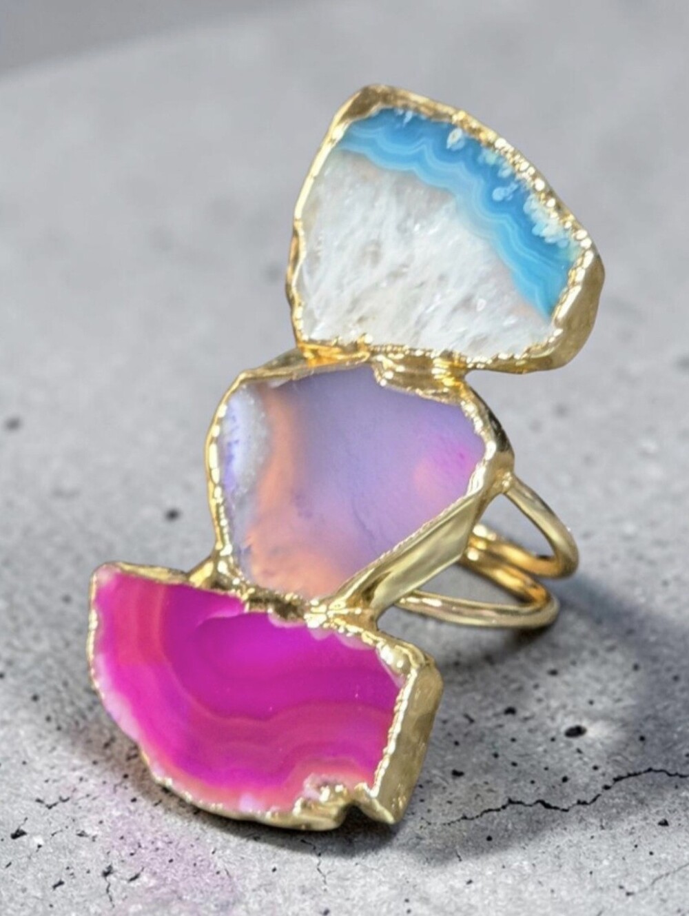 Special 18k Gold Plated Artisan Oversized Natural Stone Agate Statement Ring